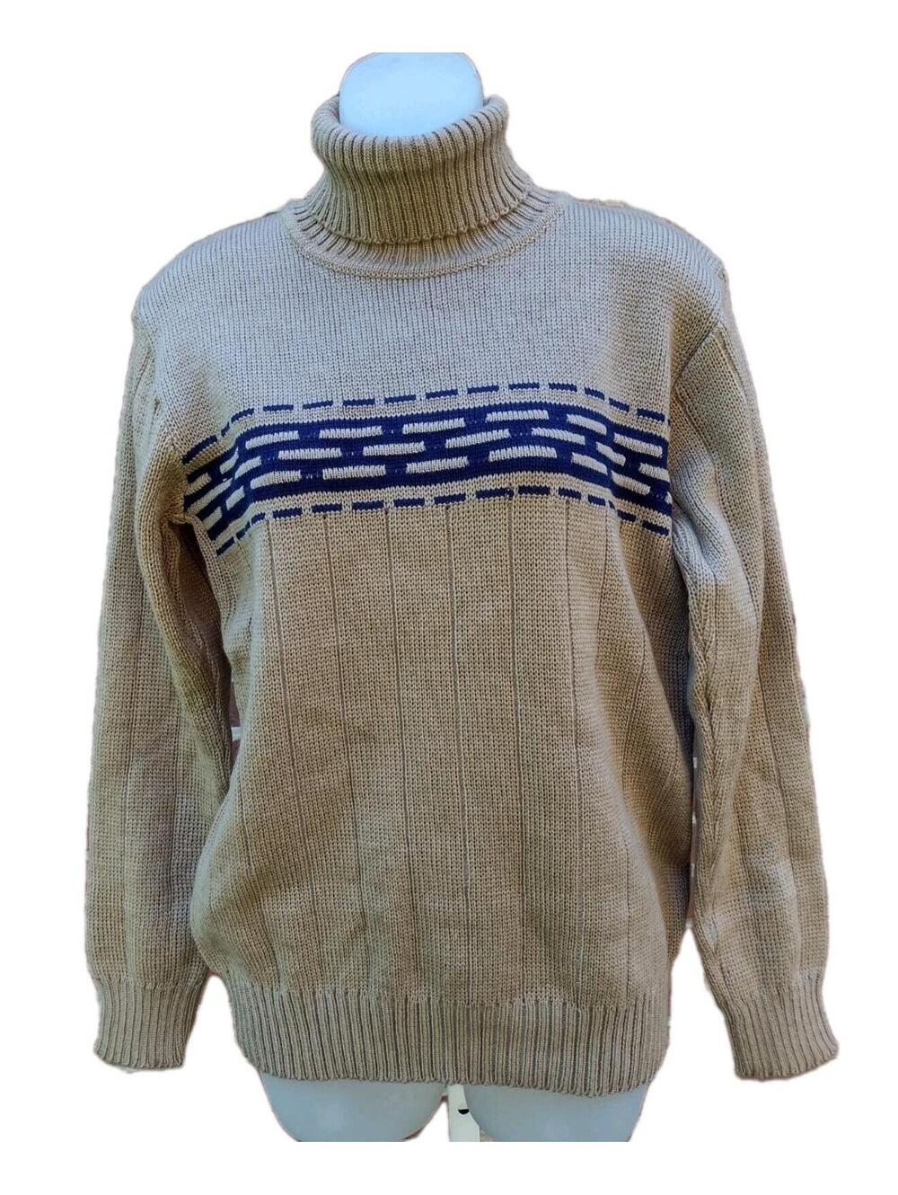 Vintage Tan Navy Turtleneck Sweater Acrylic Blend Ribbed Knit Women M/LSki
